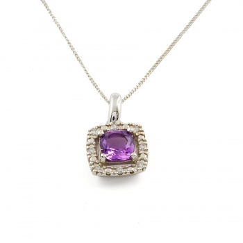 9ct white gold Amethyst / Diamond Pendant with chain